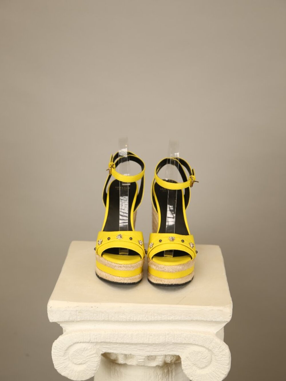 Versace Yellow Leather Espadrille Platform Wedge Sandals